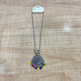 A07523 Traditional Silver-Look Oxidized Pendant Long Chain Necklace with Colorful Beaded Ghungroo Drops