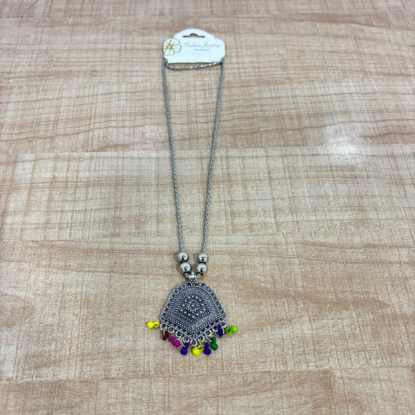 A07523 Traditional Silver-Look Oxidized Pendant Long Chain Necklace with Colorful Beaded Ghungroo Drops