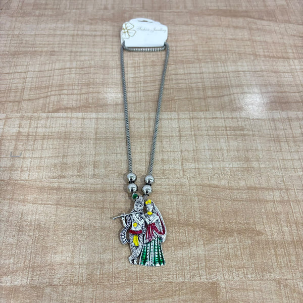 A07524 Oxidised Silver Radha Krishna Meenakari Pendant Necklace with Mesh Chain