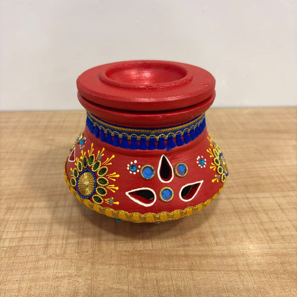 A07542 Handcrafted Decorative Clay Garba Matki with Lid & Mirror Work for Navratri