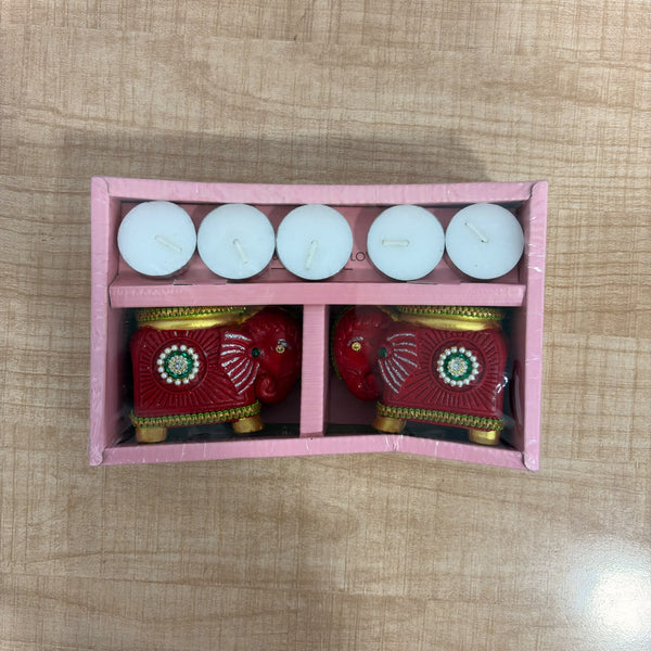 A07544 Handcrafted 2-Piece Gajraj Elephant Tea Light Holder Set