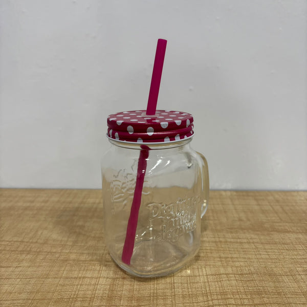 A07559 480 ml Glass Mason Jar Mug with Polka Dot Lid & Straw