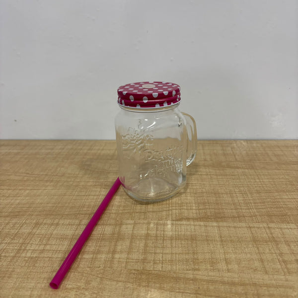 A07559 480 ml Glass Mason Jar Mug with Polka Dot Lid & Straw
