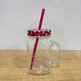 A07559 480 ml Glass Mason Jar Mug with Polka Dot Lid & Straw