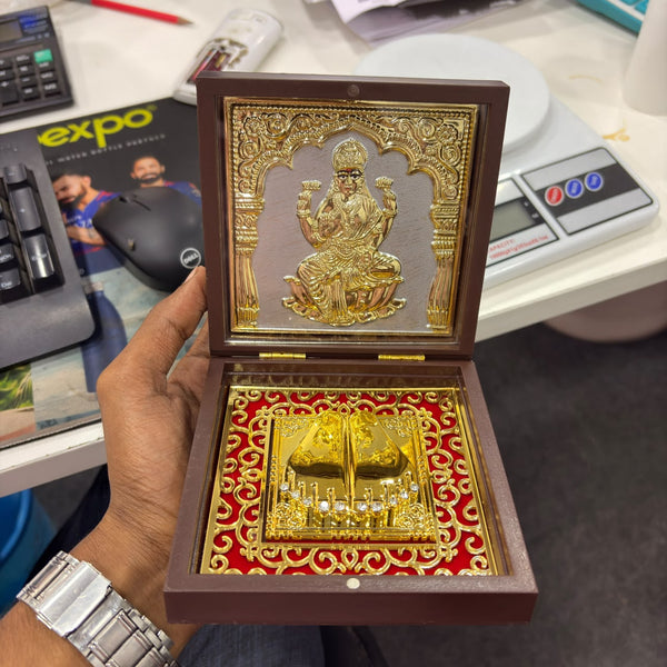 A07485 Medium Gold-Plated Shrinathji Frame with Charan Paduka in Decorative Wooden Box