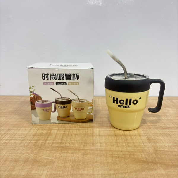 A07566 Stylish Glass Tumbler Mug with Straw, Handle & Airtight Lid ("Hello" Print)