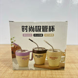 A07566 Stylish Glass Tumbler Mug with Straw, Handle & Airtight Lid ("Hello" Print)