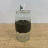 A07561 500ml Glass Can Tumbler with Leather Sleeve, Lid & Straw