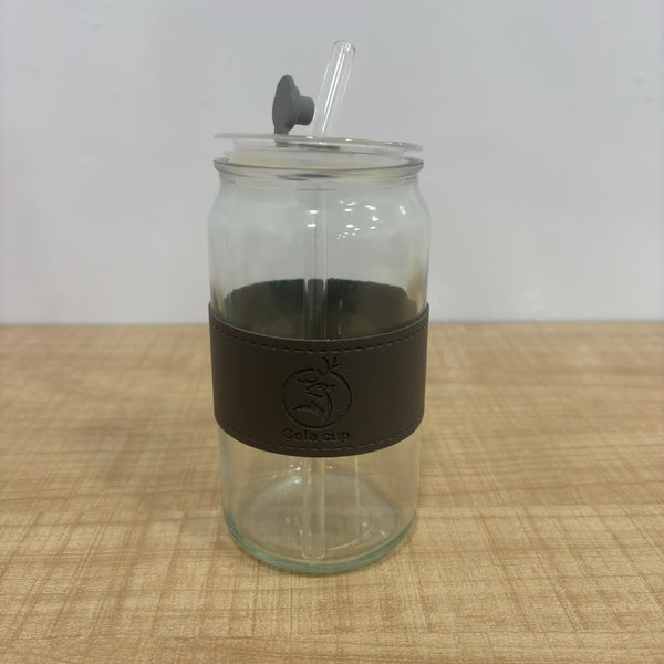 A07561 500ml Glass Can Tumbler with Leather Sleeve, Lid & Straw