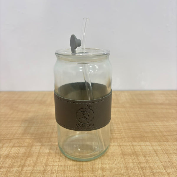 A07561 500ml Glass Can Tumbler with Leather Sleeve, Lid & Straw