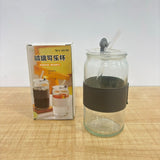 A07561 500ml Glass Can Tumbler with Leather Sleeve, Lid & Straw