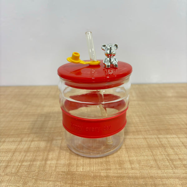 A07560 500ml Cute Printed Glass Tumbler with Bear Lid & Straw