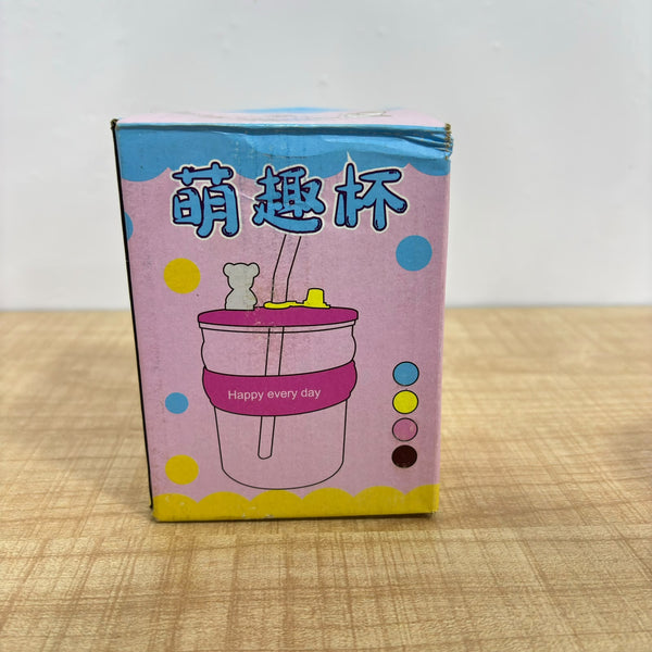 A07560 500ml Cute Printed Glass Tumbler with Bear Lid & Straw