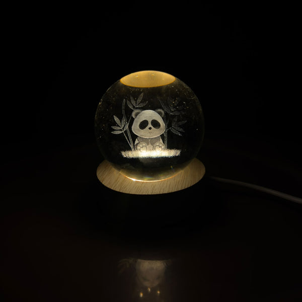 A07508 3D Crystal Ball Night Light with Wooden LED Base - Cute Panda & Bamboo Design