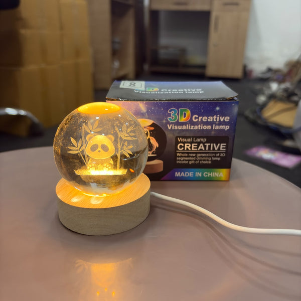 A07508 3D Crystal Ball Night Light with Wooden LED Base - Cute Panda & Bamboo Design