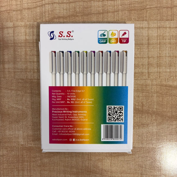A07594 S.S. Fine Edge 0.7mm Distinct Colored Ballpens - Pack of 10 Units