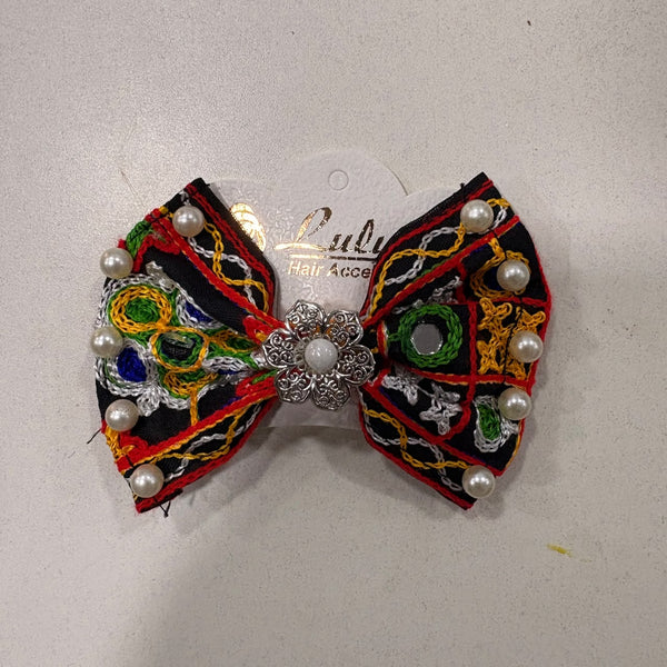 Di0041 Navratri Multicolor Embroidered Bow Hair Clip with Mirror Work & Pom-Pom Danglers [Pack of 2]
