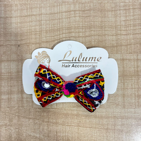 A06929 Handcrafted Kutchi Embroidery & Mirror Work Bow Hair Clip with Pom-Poms