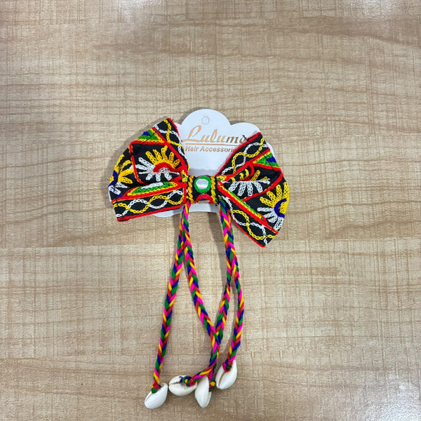 Di0040 Navratri MIx Design Embroidered Bow Hair Clip with Mirror Work & Hanging Shell Beads