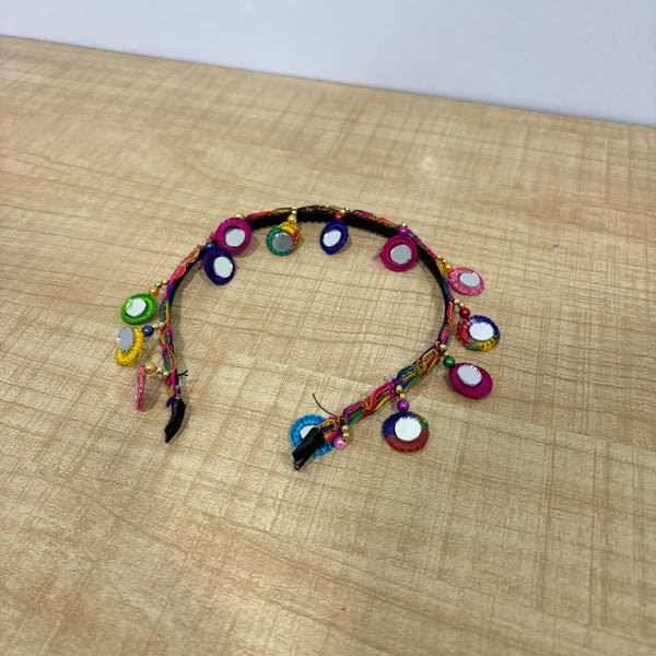 Di0042 Navratri MIx Design Colorful Braided Hairband with Cowrie Shells & Pom-Pom Ends