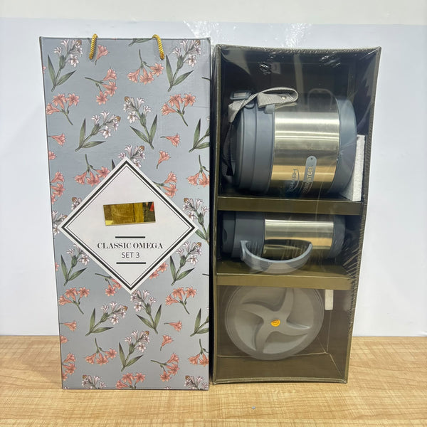 A07625 Rishabh Classic Omega Stainless Steel Thermoware Lunch & Beverage Gift Set (3 Pieces)