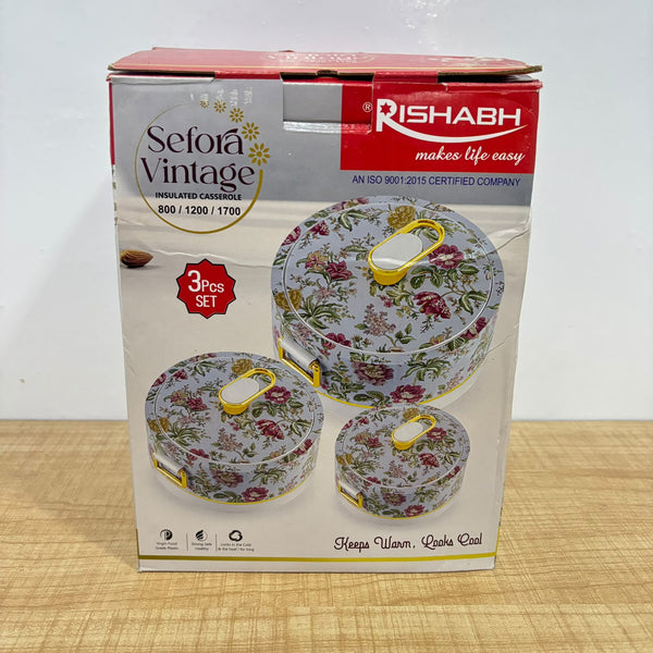 A07631 Rishabh Sefora Vintage Insulated Casserole Set (3 Pieces - 800ml, 1200ml, 1700ml)