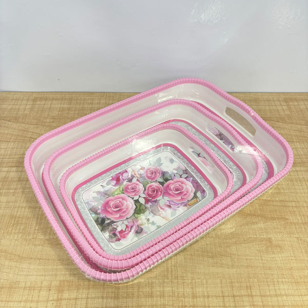 A07656 Joyful Marriott Printed Plastic Serving Tray Set with Integrated Handles (Set of 3)