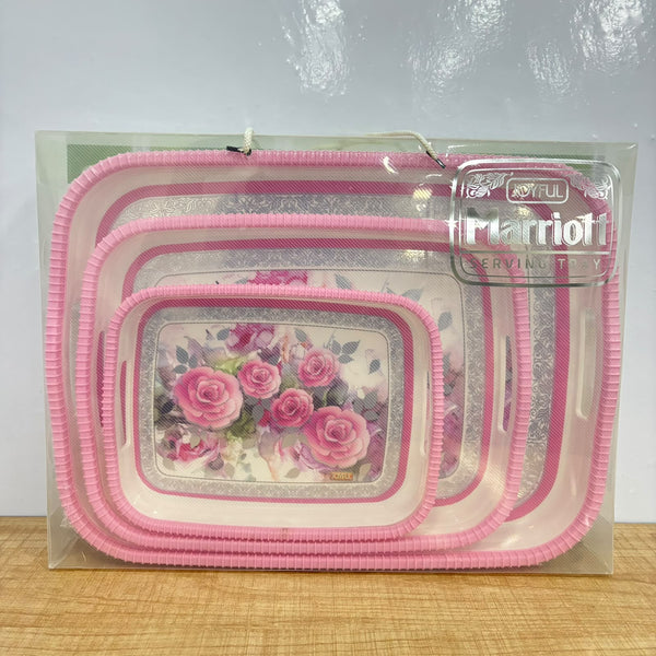 A07656 Joyful Marriott Printed Plastic Serving Tray Set with Integrated Handles (Set of 3)