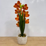 A07667 Artificial Orange Orchid Flower Plant in Ceramic Pot with Pebble Topping