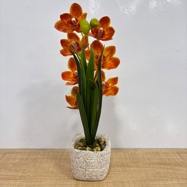 A07667 Artificial Orange Orchid Flower Plant in Ceramic Pot with Pebble Topping