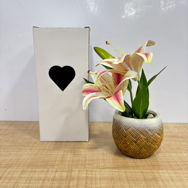 A07668 Artificial Lily Flower Plant in Woven Texture Ceramic Pot with Gift Box