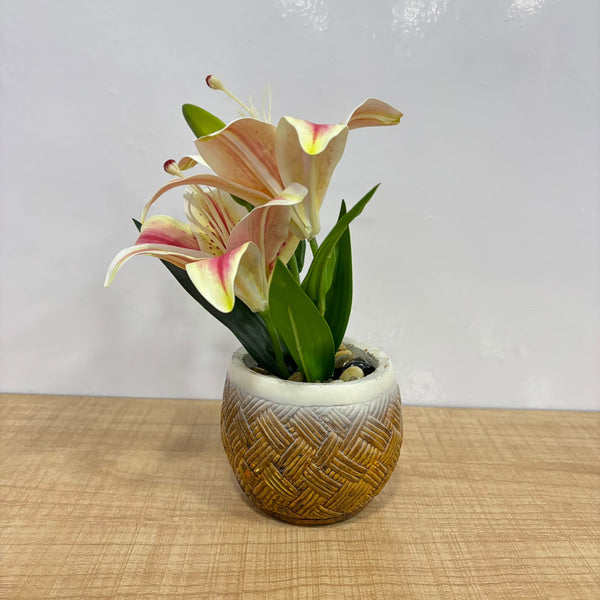 A07668 Artificial Lily Flower Plant in Woven Texture Ceramic Pot with Gift Box