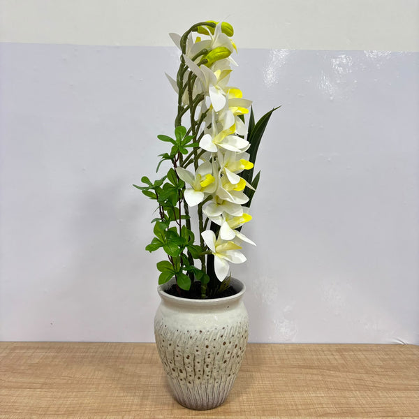 A07672 Artificial White Orchid Floral Arrangement in Textured Ceramic Pot