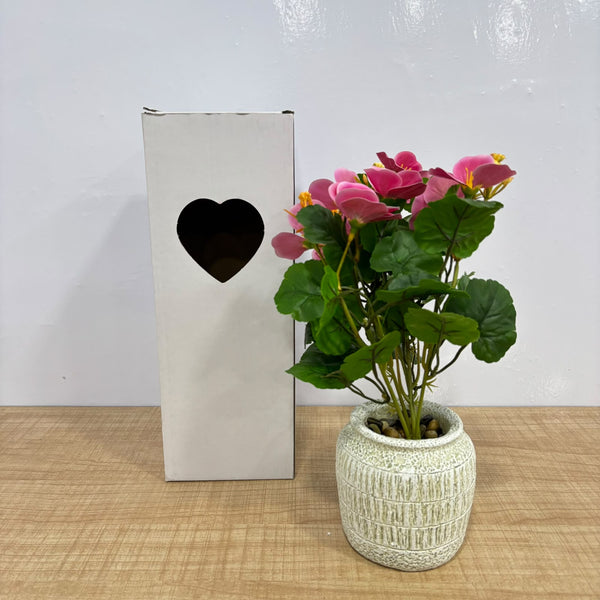 A07674 Artificial Pink Flower Plant in Textured Pot with Gift Packaging Box
