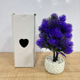 A07677 Mini Artificial Purple Pine Bonsai Plant with Geometric Ceramic Pot & White Pebbles