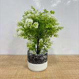 A07679 Artificial Bonsai Plant with White Mini Flowers in Dual-Tone Black & White Terrazzo Pot