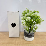 A07679 Artificial Bonsai Plant with White Mini Flowers in Dual-Tone Black & White Terrazzo Pot