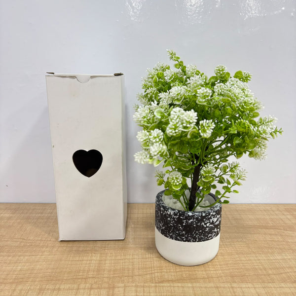 A07679 Artificial Bonsai Plant with White Mini Flowers in Dual-Tone Black & White Terrazzo Pot
