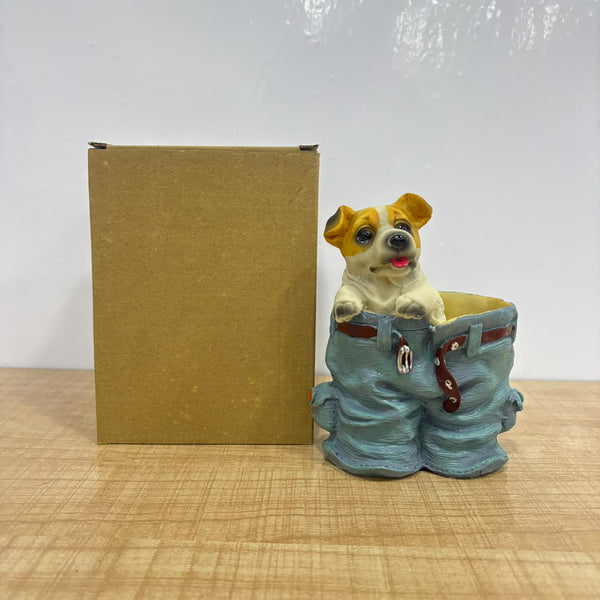 A07681 Cute Resin Dog in Jeans Pen Holder & Multi-Purpose Desktop Organizer