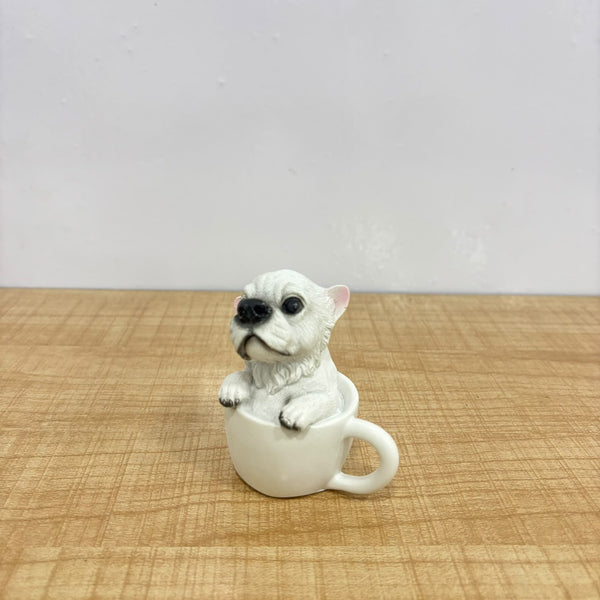 A07683 Cute Resin Dog in Teacup Figurine – Miniature Puppy Statue Decor