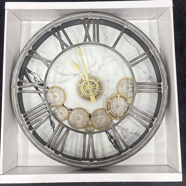AM7038 Vintage Industrial Gear Wall Clock with Marble Dial & Roman Numerals - Big