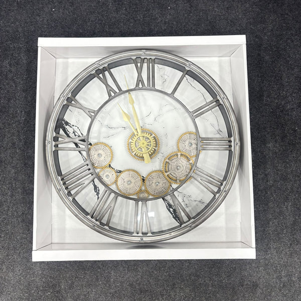 AM7038 Vintage Industrial Gear Wall Clock with Marble Dial & Roman Numerals - Big