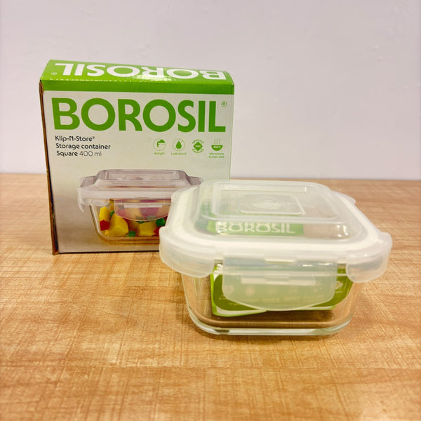 A07722 Borosil Klip-N-Store Glass Storage Container (Square, 400 ml)