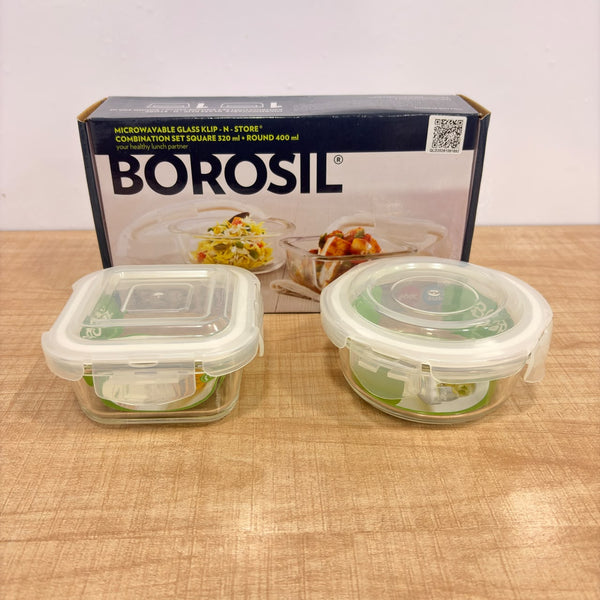 A07723 Borosil Klip-N-Store Microwavable Glass Container Set (Square 320 ml + Round 400 ml)