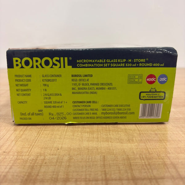 A07723 Borosil Klip-N-Store Microwavable Glass Container Set (Square 320 ml + Round 400 ml)
