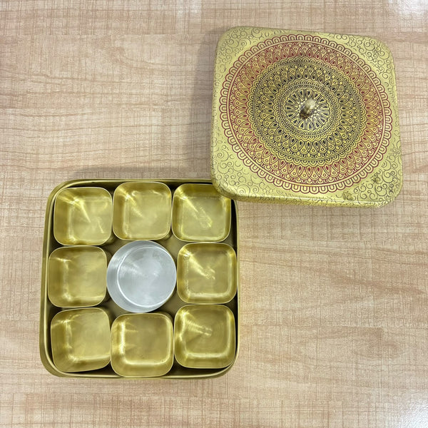 A07730 Hand-Painted Brass Square Masala Dabba / Spice Box with Removable Containers