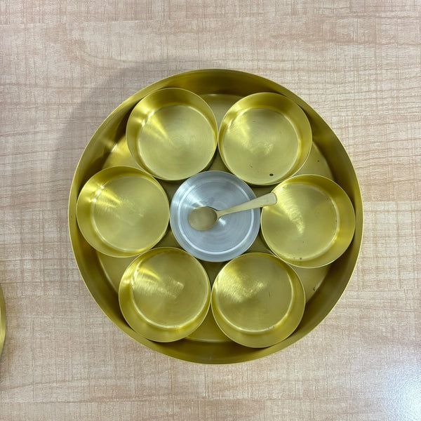 A07729 Brass Spice Box Container Set with Carved Lid, 7 Inner Containers, and Small Serving Spoon