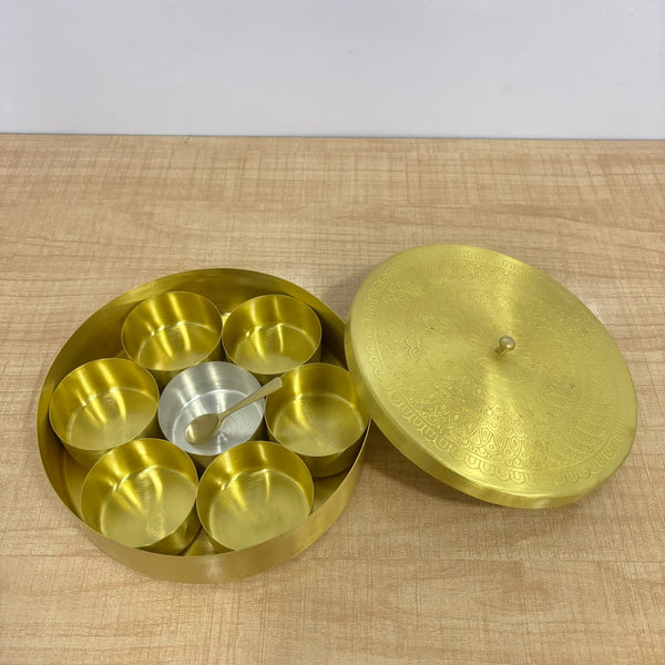A07729 Brass Spice Box Container Set with Carved Lid, 7 Inner Containers, and Small Serving Spoon