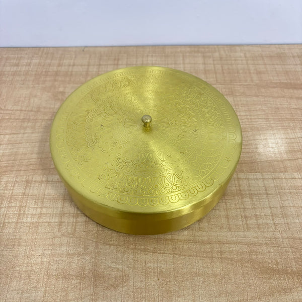 A07729 Brass Spice Box Container Set with Carved Lid, 7 Inner Containers, and Small Serving Spoon