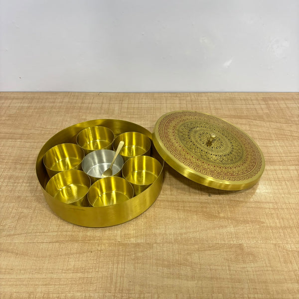 A07727 Brass Masala Dabba Brass Spice Box with Hand-Painted Lid and Containers